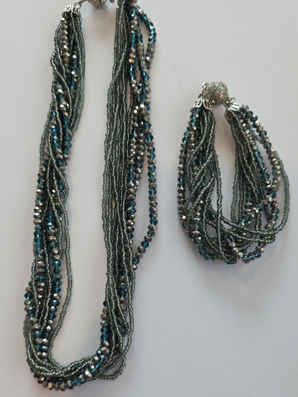 Multi-Strand Teal and Silver Beaded Necklace and Bracelet Set